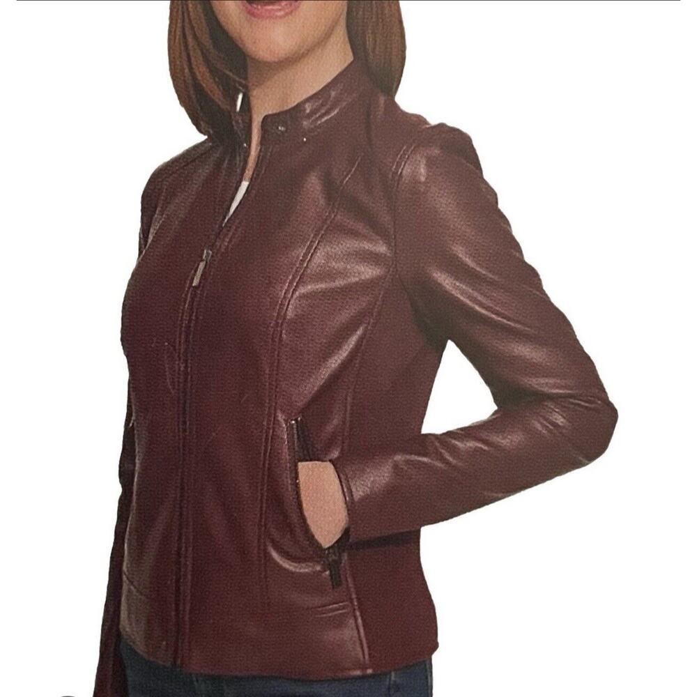 Kenneth Cole Women's Burgundy Faux Leather Quilted Moto Jacket XL